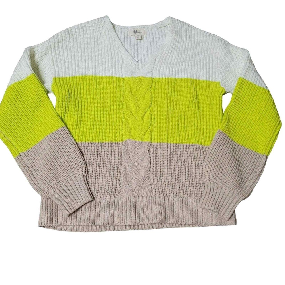 Style & Co Chunky Cable Knit V-Neck Sweater PM Colorblock Cozy Multicolor‎